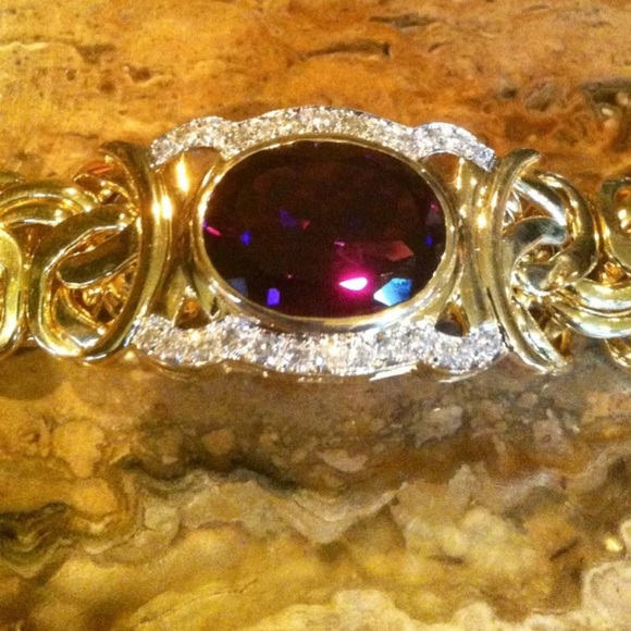 14K YG African Amethyst Diamond Byzantine Bracelet - Picture 2 of 12
